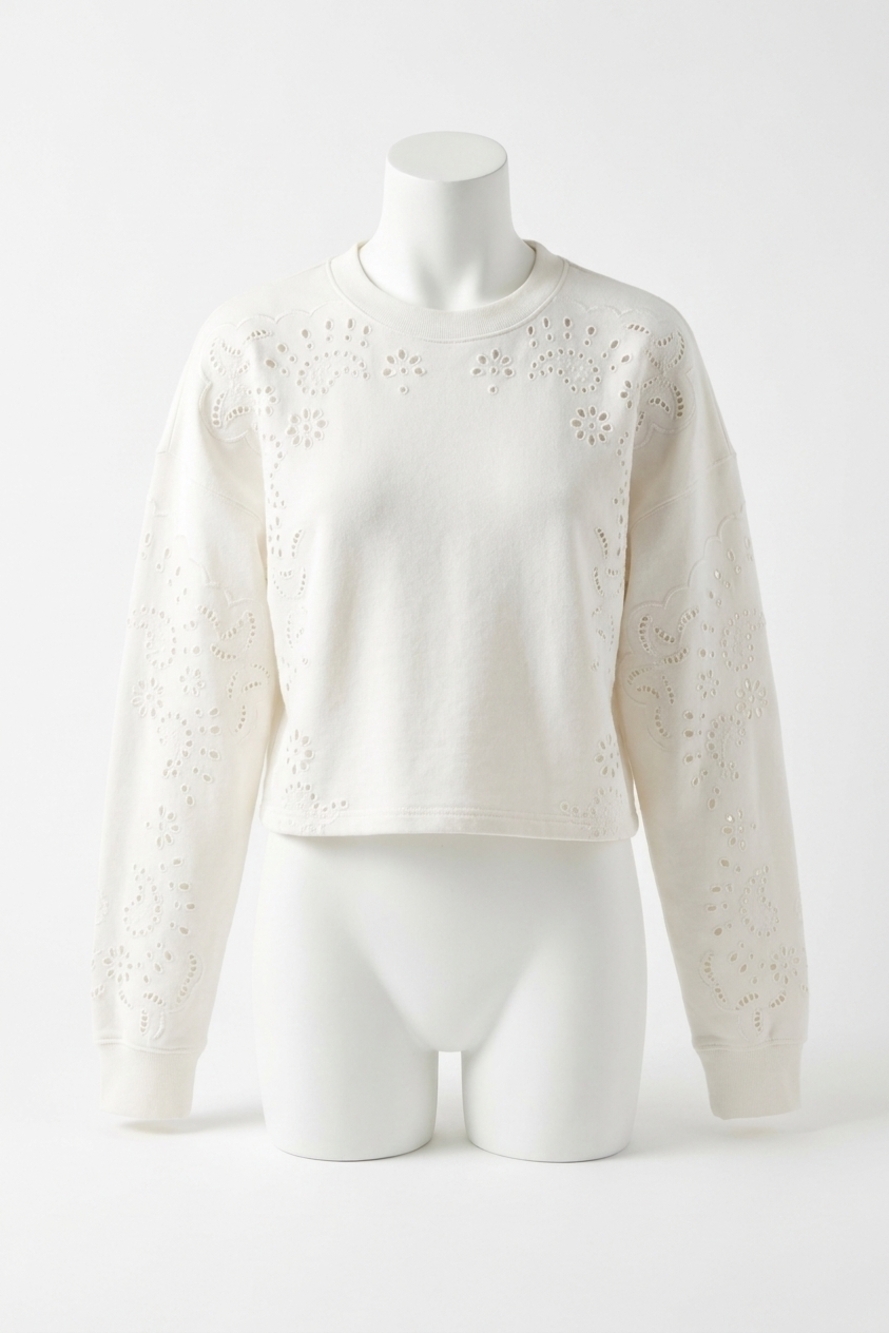 NEW LOVESHACKFANCY lalo bandana eyelet fleece pullover top in white